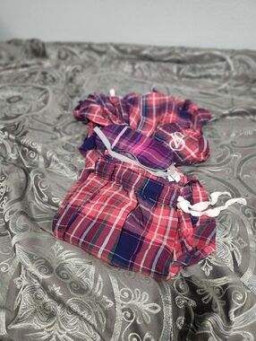 Victorias Secret Pajama Set Plaid Set in Red & Navy With Pink Eye Mask Sz S